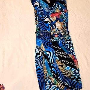 CACHE sea-themed material with braided gold belt Beautiful!